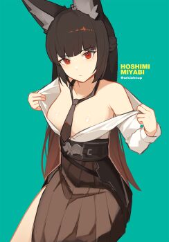 1girl animal_ears ark_john_up bare_shoulders black_hair black_necktie blush breasts brown_skirt character_name closed_mouth fox_ears fox_girl green_background highres hoshimi_miyabi long_hair looking_at_viewer medium_breasts necktie red_eyes shirt simple_background skirt solo twitter_username white_shirt zenless_zone_zero