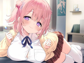 1girl absurdres bed bed_sheet blunt_bangs blush book bow breasts cleavage closed_mouth collared_shirt curtains day hair_between_eyes hair_bow hair_bun highres indoors large_breasts looking_at_viewer lying medium_hair natsuki_marina on_bed on_side original picture_frame pink_bow pink_hair plaid_clothes plaid_skirt pleated_skirt purple_eyes red_skirt school_uniform shirt sidelocks skirt smile solo thighhighs white_shirt white_thighhighs yellow_card