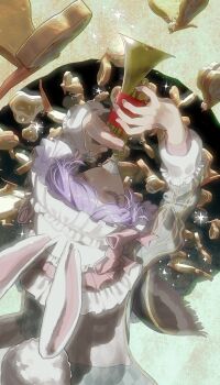 1girl absurdres animal_ear_hairband animal_ears bow bread bread_slice cape character_request closed_eyes copyright_request creature fake_animal_ears food frilled_hairband frills from_above hair_bow hairband highres holding holding_instrument holding_trumpet instrument long_sleeves mau_sakura music pink_bow playing_instrument purple_hair rabbit_ears rabbit_girl rabbit_tail shirt short_hair solo sparkle tail trumpet white_hairband