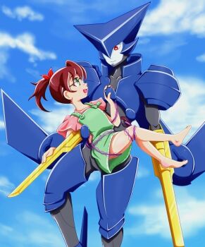 Rule 34 | 1boy, 1girl, arm blade, arm cannon, armor, asagi marin, barefoot, blue sky, bow, brigadoon, brown hair, carrying, colored skin, eye contact, glasses, green eyes, grey skin, hair bow, looking at another, melan blue, o.u (is337 11), outdoors, overall skirt, pink shirt, ponytail, princess carry, red bow, red eyes, shirt, short ponytail, sky, weapon
