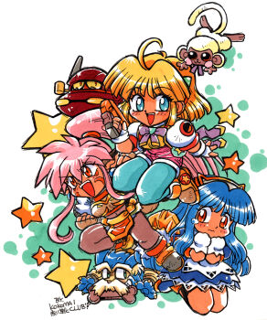 2boys 3girls absurdres ahoge animal animal_ears animal_hands apron artist_name blonde_hair blue_boots blue_dress blue_eyes blue_hair blue_pantyhose boots bow bowtie brown_boots brown_shirt caesar_kanagusuku celia_hasselberg chibi chibi_only circle_name colored_sclera commentary crime_crackers dark-skinned_female dark_skin dog_biscuit dog_boy dog_ears dress enkuu_(crime_crackers) facial_hair facial_mark fingerless_gloves furry furry_male gloves green_eyes grin gun hair_between_eyes handgun high_ponytail highres holding holding_gun holding_weapon jan-michael_hasselberg kokomahi long_hair medium_hair monkey multiple_boys multiple_girls murdoch_hoover mustache official_art old old_man orange_eyes pantyhose pet_food pink_hair pink_shorts ponytail purple_bow purple_bowtie red_eyes robot shirt short_sleeves shorts smile smoking_pipe star_(symbol) weapon wendy_wilkinson white_apron white_gloves yellow_sclera yellow_shirt