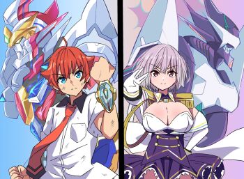 Rule 34 | 1boy, 1girl, alexis kerib, blue eyes, breasts, cleavage, freedom xdrive, gridman (character), gridman (ssss), gridman universe, hibiki yuuta, large breasts, mecha, necktie, purple eyes, purple hair, purple skirt, red hair, red necktie, robot, shinjou akane, shirt, skirt, ssss.gridman, upper body, white shirt