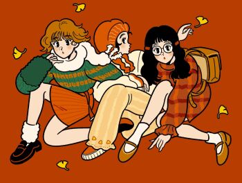 3girls 3kaku_illust :o backpack bag beanie belted_skirt black_eyes black_hair black_shoes blush choppy_bangs commentary crossed_legs dress ginkgo_leaf green_sweater hair_ornament hairclip hat leaf loafers locked_arms long_sleeves looking_at_viewer mary_janes multiple_girls orange_background orange_hair orange_shoes orange_skirt original pants patterned_clothing red_lips round_eyewear scarf shoes simple_background skirt socks striped_clothes striped_sweater sweater white_scarf