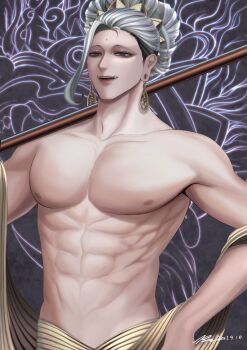 1boy absurdres bindi black_background black_hair black_tank_top blue_eyes buddha_(shuumatsu_no_valkyrie) collarbone cowboy_shot crown crown_hair_ornament crown_ornament ear_piercing earrings facial_mark fangs forehead_mark gold_crown gold_earrings green_hair hair_bun hand_on_own_hip hand_up highres holding holding_staff jewelry long_hair loose_hair_strand male_focus multicolored_hair muscular muscular_male nude open_mouth pectorals piercing robe shirtless_male shuumatsu_no_valkyrie simple_background solo staff tagme tank_top teeth toned toned_male topless_female topless_male upper_body yellow_robe