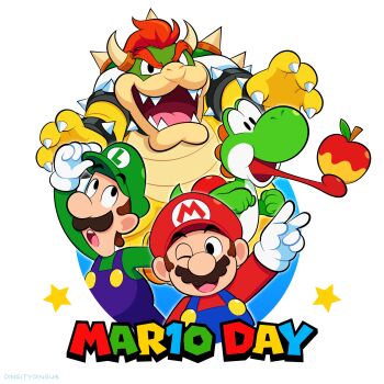 4boys absurdres adjusting_clothes adjusting_headwear apple armlet blue_overalls bowser bracelet brothers brown_hair food fruit gloves green_hat green_shirt hat highres horns jewelry looking_at_viewer luigi male_focus mario mario_(series) mario_day multiple_boys nintendo one_eye_closed open_mouth overalls red_hair red_hat red_shirt shirt short_hair siblings spiked_armlet spiked_bracelet spikes star_(symbol) tongue tongue_out v vinny_(dingitydingus) white_gloves yoshi