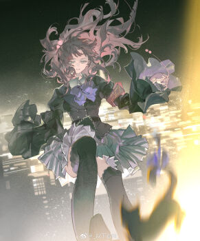 1girl absurdres belt black_belt black_cat black_dress black_thighhighs bow bowtie breasts buttons cat cityscape commentary_request dress expressionless falling floating_hair frederica_bernkastel_(cat) frilled_sleeves frills grey_eyes grey_skirt highres light_particles long_hair long_sleeves looking_at_viewer motion_blur night night_sky outdoors parted_lips pleated_skirt purple_bow purple_bowtie red_hair sixii skirt sky small_breasts solo thighhighs umineko_no_naku_koro_ni ushiromiya_ange watermark weibo_watermark wide_sleeves