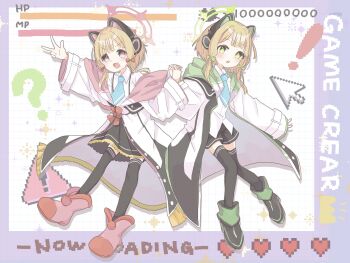 Rule 34 | !, 2girls, :3, :o, ?, absurdres, animal ear headphones, animal ears, aqua necktie, arrow (symbol), black boots, black shorts, black skirt, black thighhighs, blonde hair, blue archive, blunt bangs, blush, boots, border, bow, buttons, cat ear headphones, cat ears, collared shirt, commentary, crown (symbol), dot nose, drop shadow, english text, fake animal ears, frilled jacket, frilled skirt, frills, full body, gohan 1115, green bow, green eyes, green halo, green jacket, green trim, grid background, hair bow, halo, hand up, headphones, health bar, heart, highres, holding hands, interlocked fingers, jacket, knees together feet apart, long sleeves, looking at viewer, low-tied sidelocks, medium hair, midori (blue archive), momoi (blue archive), multicolored boots, multicolored jacket, multiple girls, multiple hair bows, necktie, off shoulder, open clothes, open jacket, open mouth, outside border, outstretched arm, parted bangs, pink boots, pink halo, pink jacket, pink trim, pixel heart, pixelated background, pleated skirt, purple border, red bow, red eyes, school uniform, shirt, short shorts, shorts, siblings, side-by-side, sidelocks, sign, sisters, skirt, smile, sparkle background, suspender skirt, suspenders, tareme, thighhighs, thighhighs under boots, twins, two-tone boots, untucked shirt, v-shaped eyebrows, w, warning sign, white background, white jacket, white shirt, wide sleeves, wing collar, zettai ryouiki