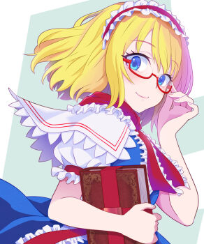 1girl adjusting_eyewear alice_margatroid bespectacled blue_dress blue_eyes blush book capelet commentary_request dress duplicate glasses hairband highres holding holding_book kisaragi_koushi lolita_hairband looking_at_viewer looking_back medium_hair necktie pixel-perfect_duplicate puffy_short_sleeves puffy_sleeves red-framed_eyewear red_hairband red_necktie semi-rimless_eyewear short_sleeves smile solo touhou upper_body wavy_hair white_capelet wind