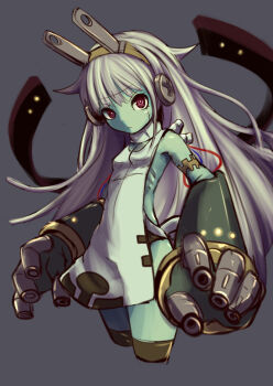 1girl bolt_(hardware) colored_skin cyborg female_focus green_skin hairband highres long_hair monster_girl original oversized_forearms oversized_limbs plug red_eyes ribs silver_hair solo tenteco_(covamin) wire