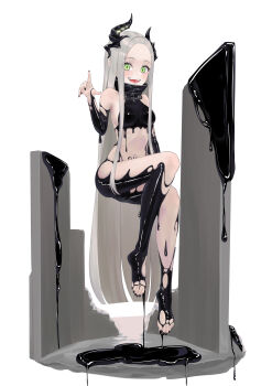 1girl :d absurdres bare_shoulders barefoot bikini black_bikini black_horns black_liquid black_nails blush breasts commentary floating forehead full_body goddess_of_victory:_nikke green_eyes grey_hair hair_between_eyes hand_up highres horns latex_bikini leviathan_(nikke) liquid_clothes long_hair looking_at_viewer medium_breasts navel open_mouth parted_bangs piercing pointy_ears pubic_tattoo simple_background smile solo swimsuit tattoo teeth tongue_piercing uuuu_(freitag_nacht) very_long_hair white_background
