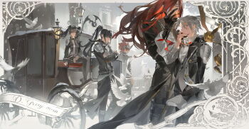 1girl 4boys absurdres allen_walker bat_(animal) bird black_boots black_coat black_gloves black_hair black_jacket black_order_uniform black_pants black_thighhighs blunt_bangs boots border carriage chinese_commentary cigarette closed_eyes closed_mouth coat collared_shirt commentary_request copyright_name covered_eyes cowboy_shot creature cross cross_marian cross_print crossed_arms d.gray-man disembodied_eye dove facial_mark fence full_body glasses gloves grey_hair grey_vest hair_between_eyes hair_over_one_eye hand_to_own_mouth headband height_difference high_collar high_ponytail highres holding holding_cigarette jacket kanda_yuu lamppost lavi lenalee_lee long_hair long_sleeves looking_at_viewer multiple_boys neck_ribbon open_clothes open_coat ornate_border outdoors pants ponytail profile purple_eyes red_eyes red_hair red_ribbon ribbon shirt short_hair shoulder_guard sitting smoking snow snowing spiked_hair ssr_dianji_jiu_song standing thigh_boots thighhighs timcanpy twintails vest watermark weibo_watermark white_border white_shirt