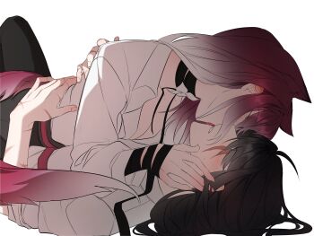 2girls absurdres black_choker black_hair black_pants blush choker closed_eyes collared_shirt commentary_request flower gradient_hair hand_on_another&#039;s_waist highres illusion_moon korean_commentary licking licking_another&#039;s_face licking_another&#039;s_lips long_hair multicolored_hair multiple_girls pants path_to_nowhere purple_hair rahu_(path_to_nowhere) scar scar_across_eye scar_on_arm scar_on_face scar_on_hand shalom_(path_to_nowhere) shirt simple_background tongue tongue_out white_background white_flower white_hair white_shirt yuri