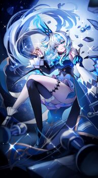 1girl bare_shoulders black_thighhighs blue_dress blue_eyes blue_hair breasts cerydra_(honkai:_star_rail) chess_piece commentary_request crossed_legs crown detached_sleeves dress erbium hair_intakes highres holding holding_chess_piece honkai:_star_rail honkai_(series) long_hair medium_breasts pawn_(chess) queen_(chess) single_thighhigh solo thighhighs thighs