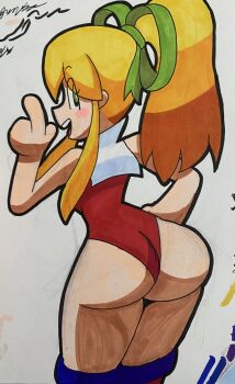 ass ass_focus blonde_hair blush_stickers boots capelet from_behind green_eyes green_ribbon hair_ribbon hand_on_own_hip hand_up highres jak_t_roose knee_boots leotard long_hair looking_at_viewer looking_back mega_man_(series) multicolored_leotard one-piece_swimsuit open_mouth ponytail red_leotard ribbon roll_(mega_man) sidelocks simple_background smile swimsuit teeth tongue two-tone_leotard upper_teeth_only white_background white_leotard