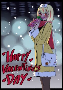 Rule 34 | 1girl, apollo (wanderjegson), bag, blonde hair, blush, bow hairband, box, coat, covering own mouth, feet out of frame, full body, fur-trimmed coat, fur trim, gift, gift box, greek mythology, hairband, hands up, happy valentine, heart, highres, holding, holding box, looking at viewer, multicolored hair, original, red eyes, red hair, red scarf, scarf, short hair, shoulder bag, snowing, solo, standing, streaked hair, two-tone hair, valentine, wanderjegson, white hairband, yellow coat