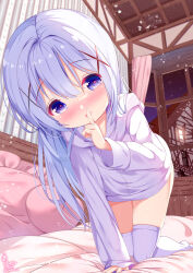 Rule 34 | 1girl, ass, bed, bed sheet, blue eyes, blue hair, blush, chinomaron, finger to mouth, gochuumon wa usagi desu ka?, hair between eyes, hair ornament, heart, heart-shaped pupils, highres, hood, hood down, hoodie, index finger raised, indoors, kafuu chino, long hair, long sleeves, looking at viewer, open mouth, pillow, purple hoodie, purple thighhighs, signature, smile, solo, symbol-shaped pupils, thighhighs, twitter username, window, x hair ornament