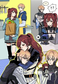 Rule 34 | 1boy, 1girl, ?, ??, apron, beizhi, black thighhighs, blonde hair, blue eyes, blue hoodie, checkered clothes, checkered shirt, commandant (pgr), computer, cooking, dog tags, green sweater, hair between eyes, head hug, highres, hood, hood down, hoodie, kitchen, laptop, lee: hyperreal (pgr), lee (pgr), long hair, mechabare, military uniform, punishing: gray raven, red eyes, red hair, robot, shirt, short hair, single thighhigh, skirt, speech bubble, spoken question mark, sweater, thighhighs, thought bubble, twintails, yellow apron