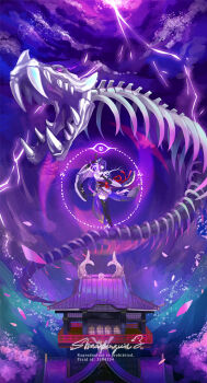 1girl architecture arm_up artist_name back_bow black_thighhighs blunt_bangs bone bow braid bridal_gauntlets cherry_blossoms cloud cloudy_sky commentary death east_asian_architecture electricity english_commentary faceless faceless_female falling_petals genshin_impact glowing glowing_eyes glowing_sword glowing_weapon hair_ornament head_tilt holding holding_sword holding_weapon japanese_clothes katana kimono long_fangs mitsudomoe_(shape) musou_isshin_(genshin_impact) open_mouth orobashi_(genshin_impact) outdoors petals pink_petals pixiv_id powering_up purple_background purple_eyes purple_hair purple_kimono raiden_shogun red_sash sash shinaipenguin signature skeleton skeleton_snake sky snake spoilers storm sword thighhighs tomoe_(symbol) weapon