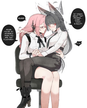 2girls absurdres afterimage animal_ear_fluff animal_ears averting_eyes black_hair black_necktie black_pantyhose black_shoes black_skirt blush breasts chair commentary dailymiyanagi ear_blush ear_wiggle earpiece earrings english_commentary feet_out_of_frame fox_ears fox_girl glasses gold_ring half-closed_eyes hand_on_another&#039;s_waist high-waist_skirt highres holding_hands hoshimi_miyabi hourglass_earrings jewelry large_breasts long_hair looking_at_another medium_breasts motion_lines multiple_girls necktie office_chair on_chair pantyhose parted_lips pencil_skirt pink_eyes pink_hair red_eyes ring shirt shirt_tucked_in shoes simple_background sitting sitting_on_lap sitting_on_person skirt speech_bubble sweatdrop swivel_chair tsukishiro_yanagi twitching white_background white_shirt yuri zenless_zone_zero