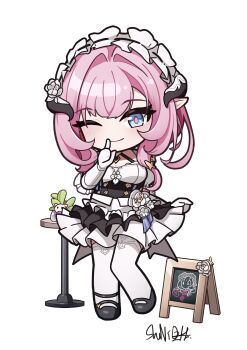 1girl ;) absurdres black_dress black_shoes blue_eyes breasts chibi cleavage closed_mouth commentary_request dress elbow_gloves elysia_(honkai_impact) elysia_(miss_pink)_(honkai_impact) elysia_(miss_pink_elf)_(honkai_impact) frilled_gloves frills full_body gloves hair_intakes hand_up highres honkai_(series) honkai_impact_3rd horns index_finger_raised looking_at_viewer maid medium_breasts menu_board official_alternate_costume one_eye_closed pink_hair pleated_dress pointy_ears shoes shuni_valentine signature simple_background smile solo table thighhighs white_background white_gloves white_thighhighs