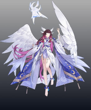 1girl absurdres alternate_costume ankle_bow ankle_ribbon arm_up barefoot black_background black_hair blue_bow blue_bowtie bow bowtie closed_eyes closed_mouth coldeye columbina_(genshin_impact) commentary_request feathered_wings full_body genshin_impact gradient_background grey_background hair_ornament hand_up highres japanese_clothes kimono long_hair luonnotar_(genshin_impact) multicolored_hair obi oversized_wings purple_hair ribbon sash very_long_hair white_wings wing_hair_ornament wings