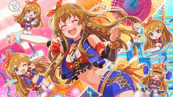 &gt;_&lt; asymmetrical_sleeves blue_eyes bracelet braid breasts brown_hair chibi cleavage closed_eyes detached_sleeves exercising game_cg hairband idol_clothes idolmaster idolmaster_million_live! idolmaster_million_live!_theater_days jewelry kousaka_umi musical_note navel official_art one_eye_closed open_mouth short_shorts shorts star_(symbol) weightlifting