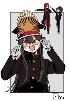 arm_up black_hair blush buttons crest dual_persona family_crest fate_(series) glasses gloves goma1021 hat highres long_hair oda_kippoushi_(fate) oda_nobunaga_(fate) oda_nobunaga_(maou_avenger)_(fate) peaked_cap red_eyes red_hair standing standing_on_one_leg white_gloves