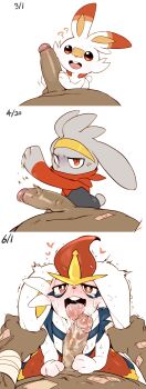 1boy 1other ? ?? absurdres ambiguous_gender angry animal_ears animal_hands animal_nose bandaid blush buck_teeth cinderace cum cum_in_mouth dark_skin dated doppel_(bonnypir) erection evolution evolutionary_line fellatio from_above furry furry_with_non-furry gen_8_pokemon half-closed_eyes happy_sex highres interspecies large_penis looking_at_another looking_at_viewer looking_up moaning nintendo nude open_mouth oral penis pokemon pokemon_(creature) pokephilia pov pov_crotch rabbit_ears rabbit_tail raboot red_eyes scorbunny sequential smile sweat tail tears teeth timeskip tongue tongue_out torogao uncensored upper_teeth_only veins veiny_penis white_background