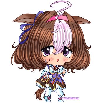 1girl ahoge animal_ears blush bow breasts brown_hair chibi commentary commission dress ear_ribbon full_body gloves hair_between_eyes hair_intakes hairband hand_on_own_chest highres horse_ears horse_girl horse_tail long_sleeves meisho_doto_(turbulent_blue)_(umamusume) meisho_doto_(umamusume) multicolored_hair open_mouth pantyhose pinafore_dress pink_hairband purple_dress purple_eyes purple_ribbon raised_inner_eyebrows ribbon ryukishi07_(style) seacatscrying shirt shoes short_hair simple_background sleeveless sleeveless_dress solo sweatdrop tail two-tone_hair umamusume white_background white_gloves white_hair white_pantyhose white_shirt white_shoes
