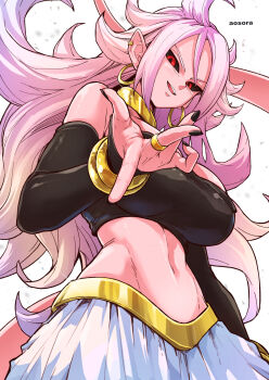 1girl android_21 aosora2823 artist_name bandeau bangle bare_shoulders belt black_bandeau black_nails black_sclera black_tube_top blush bracelet breasts cleavage colored_sclera colored_skin commentary cowboy_shot crop_top detached_sleeves dragon_ball dragon_ball_fighterz ear_piercing earrings fingernails gold_belt gold_choker gold_earrings harem_pants highres hoop_earrings jewelry large_breasts long_hair looking_at_viewer majin_android_21 midriff multiple_bracelets multiple_earrings nail_polish navel open_mouth pants piercing pink_skin pointing pointing_at_viewer red_eyes revision ring shirt solo strapless tail teeth tube_top upper_teeth_only white_hair white_pants