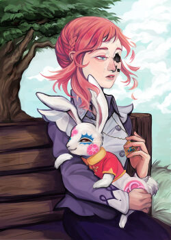 1girl android animal bench blouse blue_eyes buttons closed_mouth clothed_animal cloud collared_shirt commentary cracked_face crying crying_with_eyes_open english_commentary eyelashes grass highres holding holding_animal jewelry knighthunt kyokugen_dasshutsu kyokugen_dasshutsu_adv:_zennin_shibou_desu lips long_sleeves luna_(kyokugen_dasshutsu) necklace on_bench orange_hair outdoors purple_shirt purple_skirt rabbit red_eyes red_shirt severed_hair shirt sitting skirt sky smile spoilers tears tree vest white_vest wooden_bench zero_iii