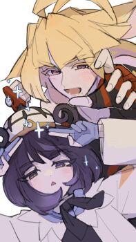 1boy 1girl :d arms_up blonde_hair brother_and_sister clenched_hand commentary_request fingerless_gloves gloves gwynn_(pokemon) highres ivor_(pokemon) long_hair looking_at_viewer medium_hair minao_omina nintendo open_mouth partially_fingerless_gloves pink_eyes pokemon pokemon_legends:_z-a purple_eyes purple_gloves purple_hair siblings simple_background sketch smile triangle_mouth white_background