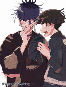 1boy animal_print black_hair black_haori black_kimono blue_eyes blue_hair blue_hat blue_jacket blush cat_print earrings eye_print eyepatch face_piercing fingernails hand_up haori hat highres holding holding_unworn_clothes holding_unworn_hat jacket japanese_clothes jewelry kimono looking_ahead looking_to_the_side male_focus maruko_gaku multicolored_hair multiple_boys omokage_yugamu open_mouth patchwork_clothes piercing print_eyepatch red_eyes ring scared sharp_fingernails shirt short_hair simple_background smile sweat tearing_up the_hundred_line_-last_defense_academy- twitter_username unworn_hat unworn_headwear white_background white_shirt yoshihumi442313