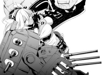 1girl boots breasts chest_sarashi closed_mouth commentary dark-skinned_female dark_skin glasses gloves greyscale headgear kantai_collection large_breasts looking_at_viewer miniskirt monochrome musashi_(kancolle) partially_fingerless_gloves rigging sarashi ship_turret simple_background skirt takeshima_satoshi thigh_boots