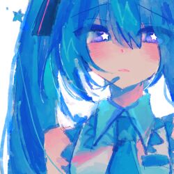 Rule 34 | 1girl, blue hair, blue necktie, blush, collared shirt, faux traditional media, hair between eyes, hair ornament, hatsune miku, highres, long hair, looking to the side, necktie, parted lips, purple eyes, shirt, simple background, solo, star-shaped pupils, star (symbol), symbol-shaped pupils, twintails, unagizaka gohan, upper body, vocaloid, white background