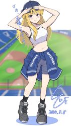 Rule 34 | 1girl, backwards hat, baseball cap, black socks, blonde hair, blue hat, blue shorts, breasts, clothes around waist, double bun, fletcher (kancolle), full body, hair bun, hat, highres, jacket, jacket around waist, kantai collection, large breasts, ld (luna dial398), long hair, navel, shoes, short shorts, shorts, smile, sneakers, socks, solo, tank top, translation request, white tank top