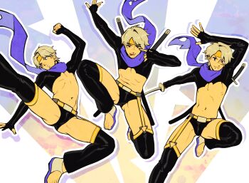 1boy absurdres awesome_(nifast_(greentail)) belt black_shrug fingerless_gloves full_body gloves headband highres katana looking_at_viewer male_focus male_swimwear mole mole_on_stomach navel nifast_(greentail) open-toe_shoes original purple_scarf scarf short_hair shrug_(clothing) smile snakebite_(piercing) spread_legs swim_briefs sword thighhighs toes underpec weapon yellow_headband