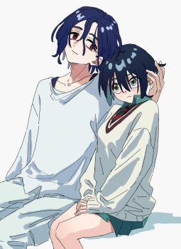 1boy 1girl alternate_hair_color amate_yuzuriha aqua_eyes aqua_shirt aqua_skirt black_hair black_necktie blue_hair cardigan collared_shirt commentary_request diagonal-striped_clothes diagonal-striped_necktie gundam gundam_gquuuuuux hands_on_own_legs hands_on_own_thighs heads_together highres light_blush long_sleeves looking_at_another multicolored_eyes necktie o6nuqm pants playing_with_another's_hair playing_with_hair pleated_skirt red_eyes red_necktie school_uniform shirt shuji_ito sitting skirt striped_clothes sweater two-tone_eyes upturned_eyes white_background white_cardigan white_pants white_shirt white_sweater