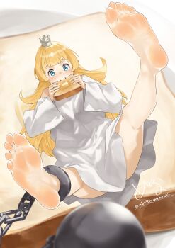 1girl absurdres ball_and_chain_restraint barefoot blonde_hair blue_eyes bread bread_slice crown feet food food_in_mouth highres hime-sama_"goumon"_no_jikan_desu hime_(himesama_goumon) light_blush long_hair looking_at_viewer maburoku mouth_hold soles toast toast_in_mouth toes