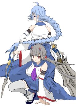 2girls ahoge arm_up assault_lily back_bow bare_shoulders black_horns blue_bow blue_hair blue_sailor_collar blunt_bangs bow braid braided_ponytail breasts bright_pupils closed_mouth commentary crop_top detached_sleeves fang fang_out floating_hair fujita_asagao full_body grey_hair grey_shirt grey_thighhighs hand_on_own_hip highres holding holding_sword holding_weapon horns igusa_subaru layered_sleeves long_hair long_sleeves looking_at_viewer looking_back low_twintails mechanical_horns medium_breasts miniskirt multicolored_horns multiple_girls odaiba_girls_high_school_uniform okobo on_one_knee platform_sandals pleated_skirt profile purple_eyes red_eyes red_horns sailor_collar sandals school_uniform serafuku shirt sideways_glance simple_background single_braid skirt sleeveless sleeveless_shirt standing sword tabi thighhighs twintails two-tone_horns undershirt v-shaped_eyebrows very_long_hair waist_cape washi-san weapon white_background white_pupils white_shirt wide_sleeves