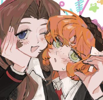 2girls :3 black_jacket black_vest blue_eyes blush bow brown_hair brown_hairband collared_shirt commentary_request freckles hair_bow hair_intakes hairband hand_up highres ishmael_(project_moon) jacket limbus_company long_hair multiple_girls necktie one_eye_closed open_mouth orange_hair portrait project_moon pt0m14o red_necktie rodion_(project_moon) rope shirt smile very_long_hair vest white_bow white_shirt