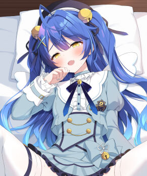 Rule 34 | 1girl, ahoge, amamiya kokoro, bell, beret, blue hair, blush, commentary request, fang, hair bell, hair ornament, hat, highres, jingle bell, kurono yuzuko, long hair, nijisanji, open mouth, paid reward available, solo, spread legs, thighhighs, virtual youtuber, white thighhighs, yellow eyes