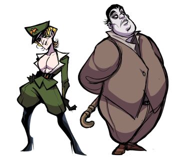 Rule 34 | 2boys, arms behind back, bare pectorals, black footwear, black gloves, black hair, blonde hair, boots, brown footwear, brown jacket, brown pants, brown suit, caligura (fear &amp; hunger), caricature, closed mouth, collarbone, commentary, fat, fat man, fear &amp; hunger, fear &amp; hunger 2: termina, formal clothes, full body, gloves, green eyes, green jacket, green pants, hat, high heel boots, high heels, highres, holding, holding lead pipe, jacket, karladraws14, lead pipe, legs apart, lineup, looking at viewer, military hat, military uniform, multiple boys, open clothes, open jacket, pale skin, pants, pav (fear &amp; hunger), pectorals, shoes, short hair, simple background, standing, suit, white background