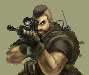 1boy 640mb aiming assault_rifle backpack bag beard brown_eyes brown_hair buckle call_of_duty call_of_duty:_modern_warfare_2 facial_hair gloves green_background gun m14_ebr m4_carbine male_focus military military_operator military_uniform mohawk muscular painkiller_(artist) randoseru rifle scope short_hair simple_background snap-fit_buckle soap_(modern_warfare_2) soap_mactavish solo tattoo weapon