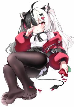 1girl :o ahoge black_hair black_pantyhose black_skirt blush breasts commentary_request demon_tail feet fingernails hair_ornament heart heart_hair_ornament highres jacket lacrimosa_(nte) loli long_hair looking_at_viewer meng_yin multicolored_hair nail_polish neverness_to_everness no_shoes off_shoulder one_eye_closed open_clothes open_jacket open_mouth pantyhose purple_nails red_eyes red_jacket rubbing_eyes see-through_clothes see-through_legwear see-through_pantyhose shirt shirt_tucked_in simple_background skirt small_breasts solo split-color_hair tail toenails toes twintails very_long_hair white_background white_hair white_shirt x_hair_ornament