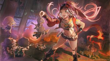 1girl asymmetrical_sleeves aventurine_(honkai:_star_rail) banana belt boothill_(honkai:_star_rail) branch caelus_(honkai:_star_rail) chair character_request commentary curtains dan_heng_(honkai:_star_rail) dan_heng_(hunt)_(honkai:_star_rail) dr._ratio_(honkai:_star_rail) english_commentary food fruit green_eyes halloween hand_on_own_hip hat highleg highleg_panties highres holding holding_stuffed_toy honkai:_star_rail honkai_(series) horned_hat indoors jack-o'-lantern jacket jade_(gemstone) jade_(honkai:_star_rail) long_hair march_7th_(honkai:_star_rail) monkey numby_(honkai:_star_rail) open_mouth oyakorodesu panties panty_straps pink_hair pumpkin rappa_(honkai:_star_rail) red_arm_warmers red_jacket robin_(honkai:_star_rail) short_shorts shorts spray_can standing stelle_(honkai:_star_rail) stuffed_toy sunday_(honkai:_star_rail) table teeth topaz_(honkai:_star_rail) trailblazer_(honkai:_star_rail) trotter_(honkai:_star_rail) underwear white_belt window wooden_floor wubbaboo_(honkai:_star_rail)