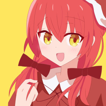 1girl black_bow blush bocchi_the_rock! bow collar collared_shirt fidgeting hair_ornament hat highres kita_ikuyo koma_rkgknote long_hair looking_at_viewer red_hair red_shirt shirt simple_background smile solo string_bowtie white_collar yellow_background yellow_eyes