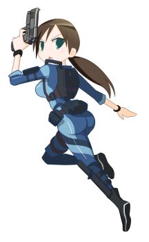 Rule 34 | 1girl, ass, blue eyes, blue wetsuit, bodysuit, brown hair, diving suit, gun, handgun, holding, holding gun, holding weapon, jill valentine, kakko madoka, long hair, low ponytail, ponytail, resident evil, resident evil: revelations, weapon, wetsuit