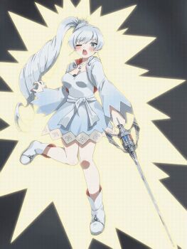 1girl animated animated_gif blue_eyes boots breasts donelectric_don dress electrocution hair_ornament highres long_hair medium_breasts nude open_mouth rwby scar scar_across_eye scar_on_face short_dress side_ponytail skeleton solo sword very_long_hair weapon weiss_schnee white_hair x-ray