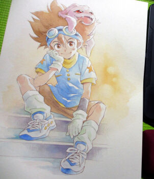 1boy agahari blue_headband blue_shirt brown_eyes brown_hair brown_shorts closed_mouth commentary_request digimon digimon_(creature) digimon_adventure digimon_on_head full_body gloves goggles goggles_on_head hand_up head_rest headband highres koromon looking_at_viewer loose_socks male_focus on_stairs open_mouth painting_(medium) photo_(medium) red_eyes sharp_teeth shirt shoes short_hair shorts sitting smile sneakers socks spread_legs teeth traditional_media white_gloves white_shirt white_shoes white_socks yagami_taichi